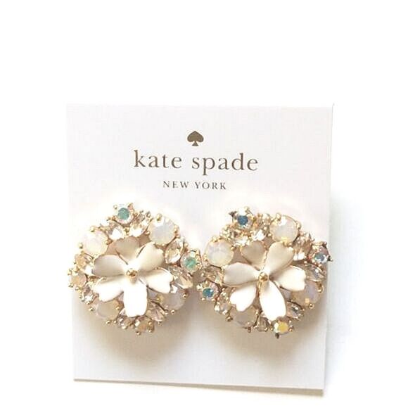 New! KATE SPADE Statement Floral Crystal Stud Sparkle Earrings White - Picture 3 of 7